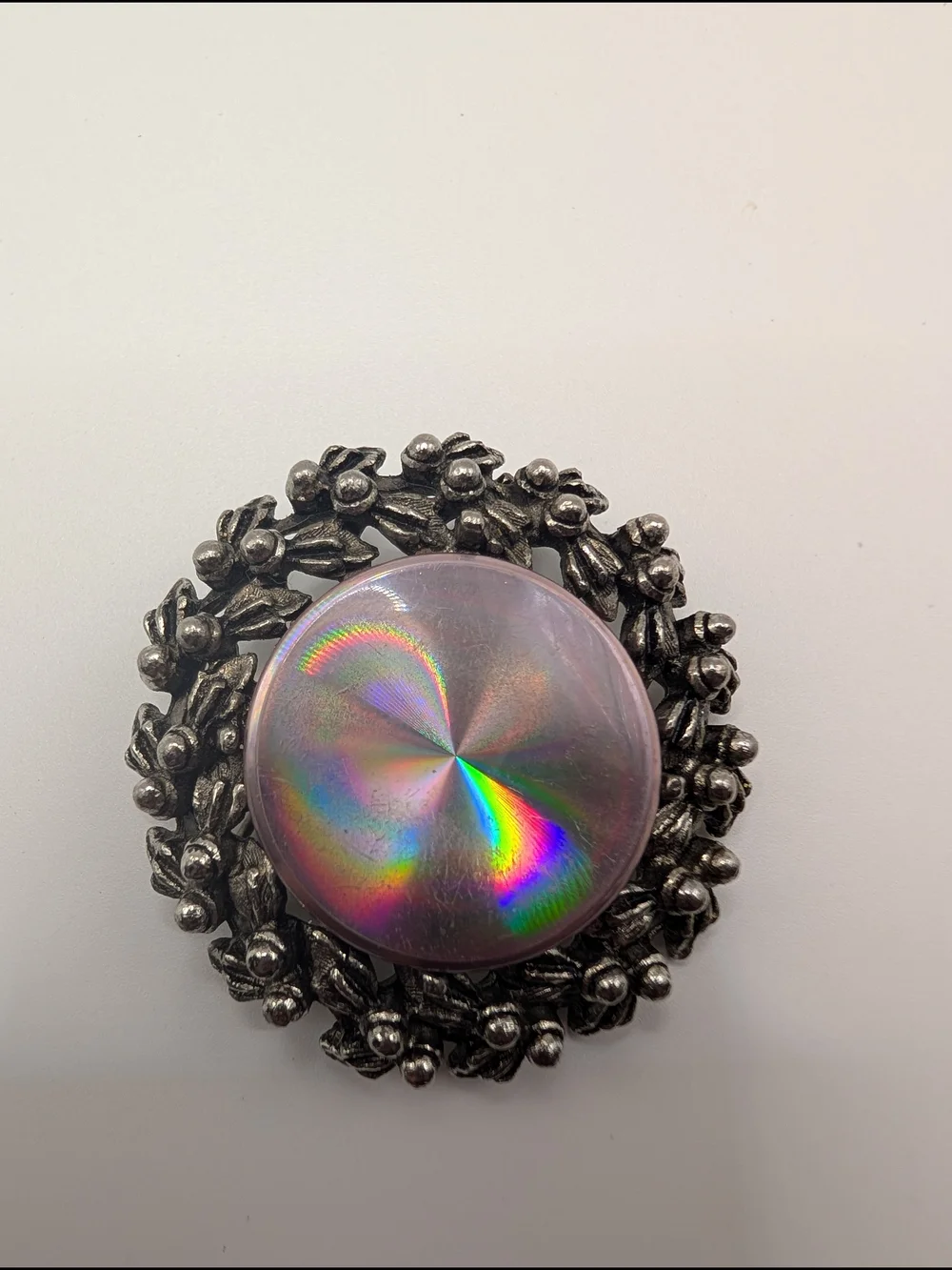 Vintage 1960s JEWELARAMA Pink Holographic Diffraction Wreath Brooch MCM Signed